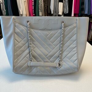 Tory Burch Quilted Gray Leather Shoulder Bag with Chain Strap
